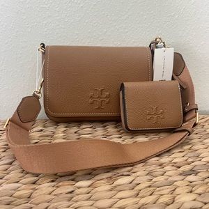 New Tory Burch Thea Flap Crossbody and Matching Wallet - Tiramisu